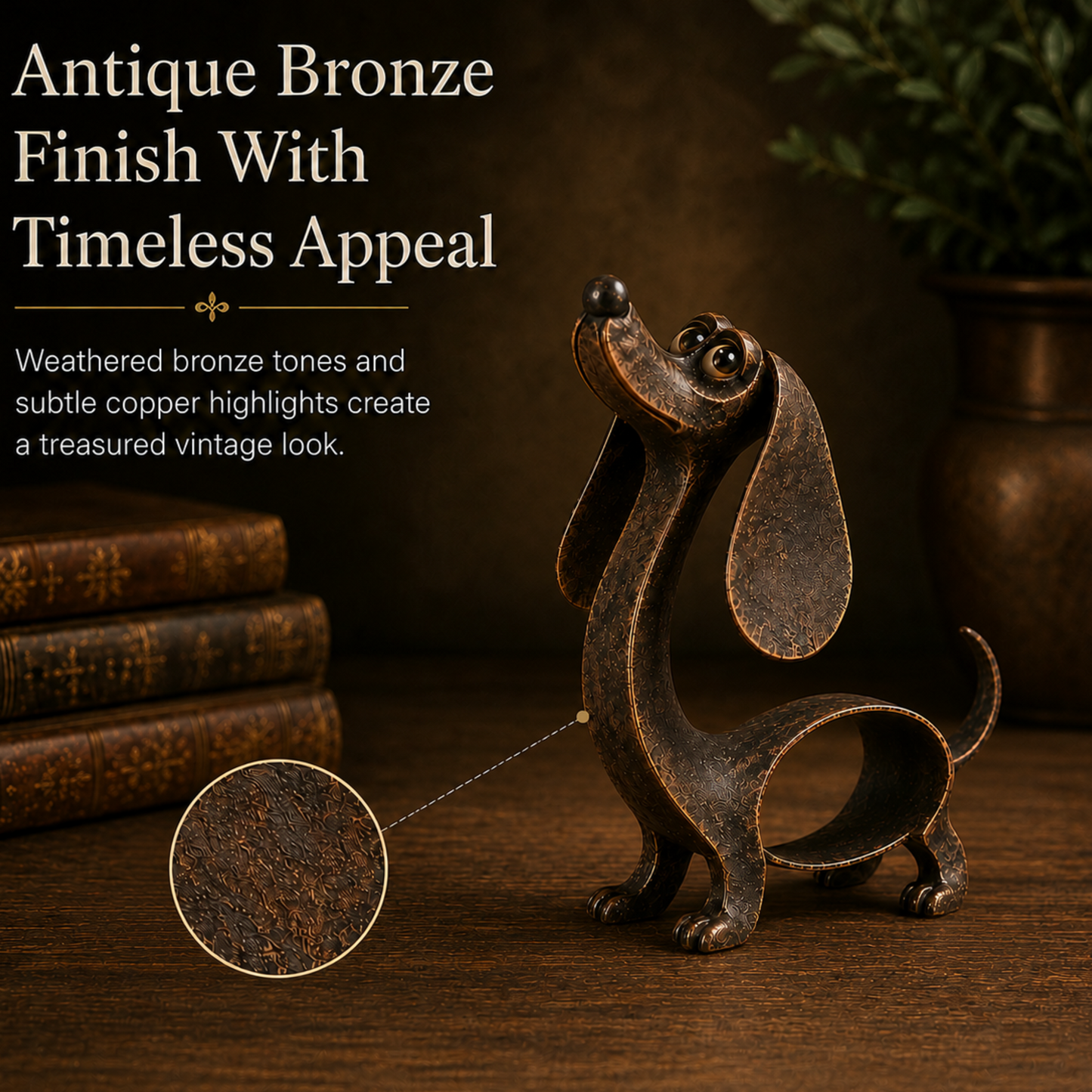 🐶✨ Ciondolo a forma di bassotto in bronzo anticato — Scultura in metallo per la casa e il giardin