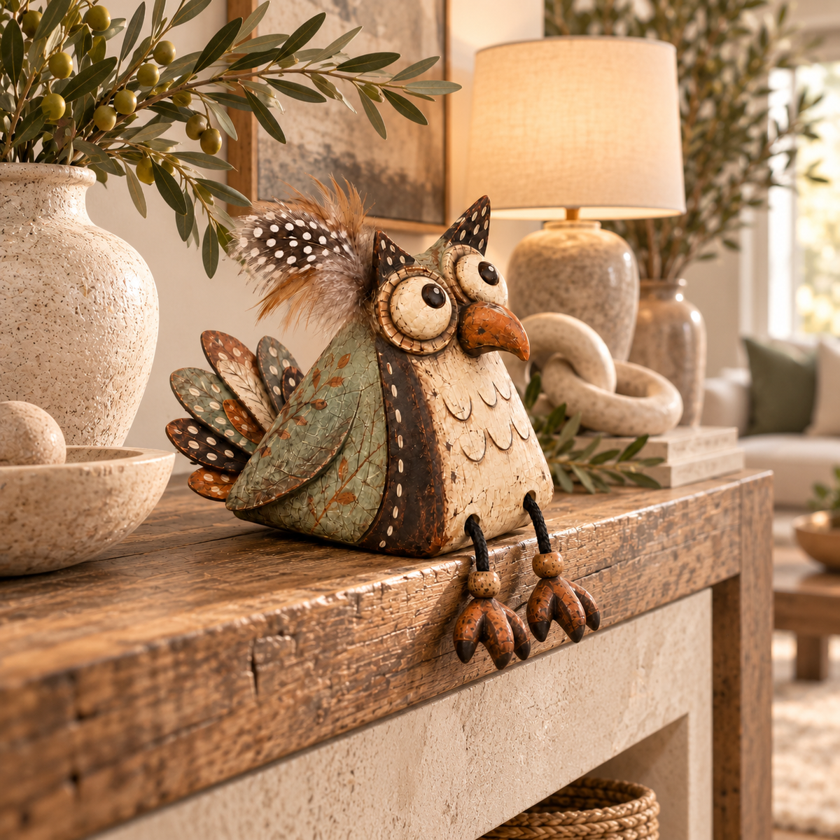 🦉 Decorazione rustica con gufo appollaiato su una tavola e zampe penzolanti — Atmosfera country