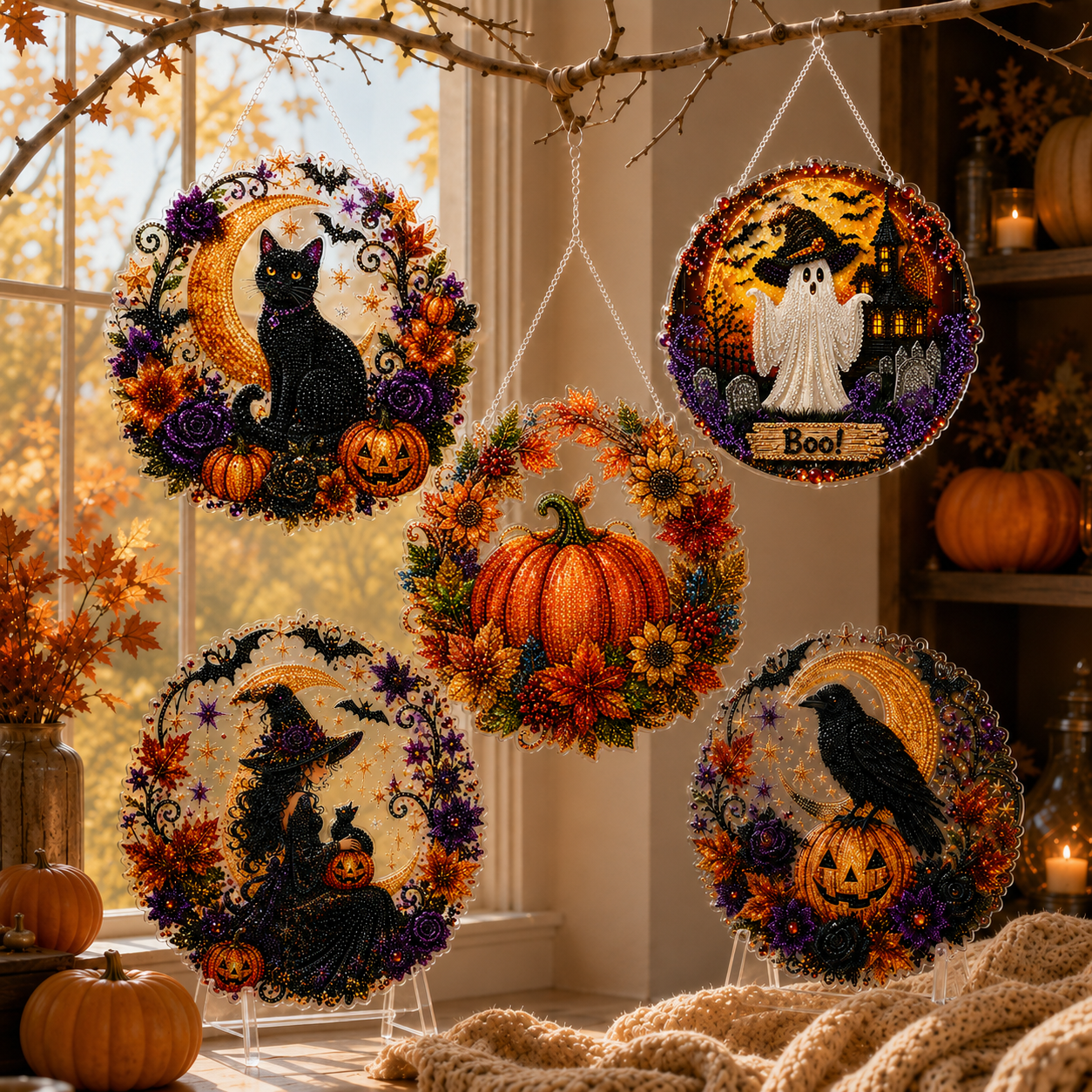 ✨🎃Kit per decorazione da appendere “Diamond Art” con gatto nero e luna di Halloween👻