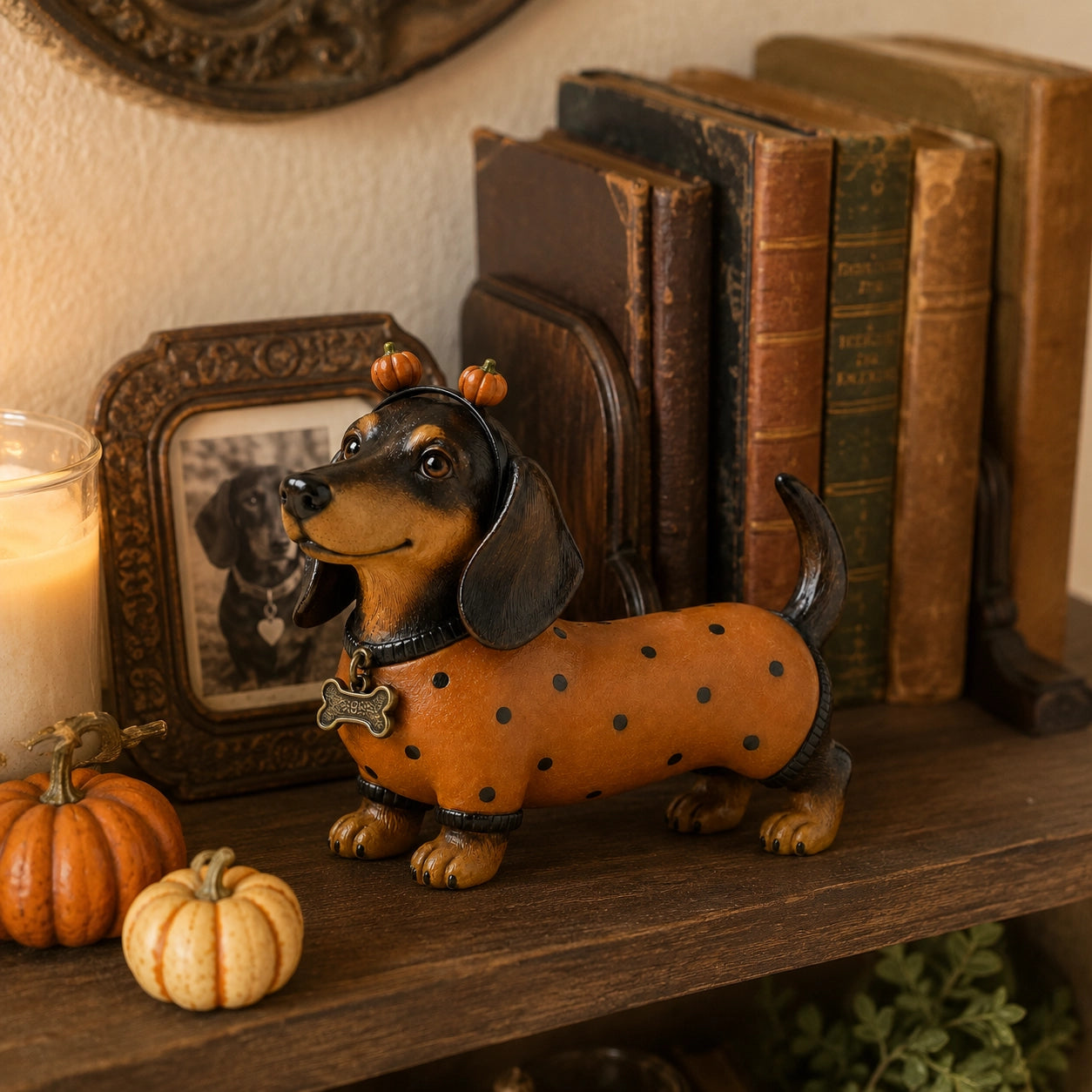 Simpatica statuetta in resina a forma di bassotto e zucca per Hallowee