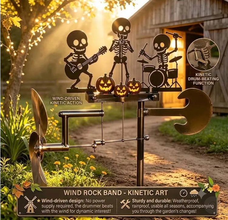 ⚡️🔥Ultimo giorno con il 50% di sconto⚡️Girandola cinetica in metallo a forma di batterista scheletrico di Hallowee