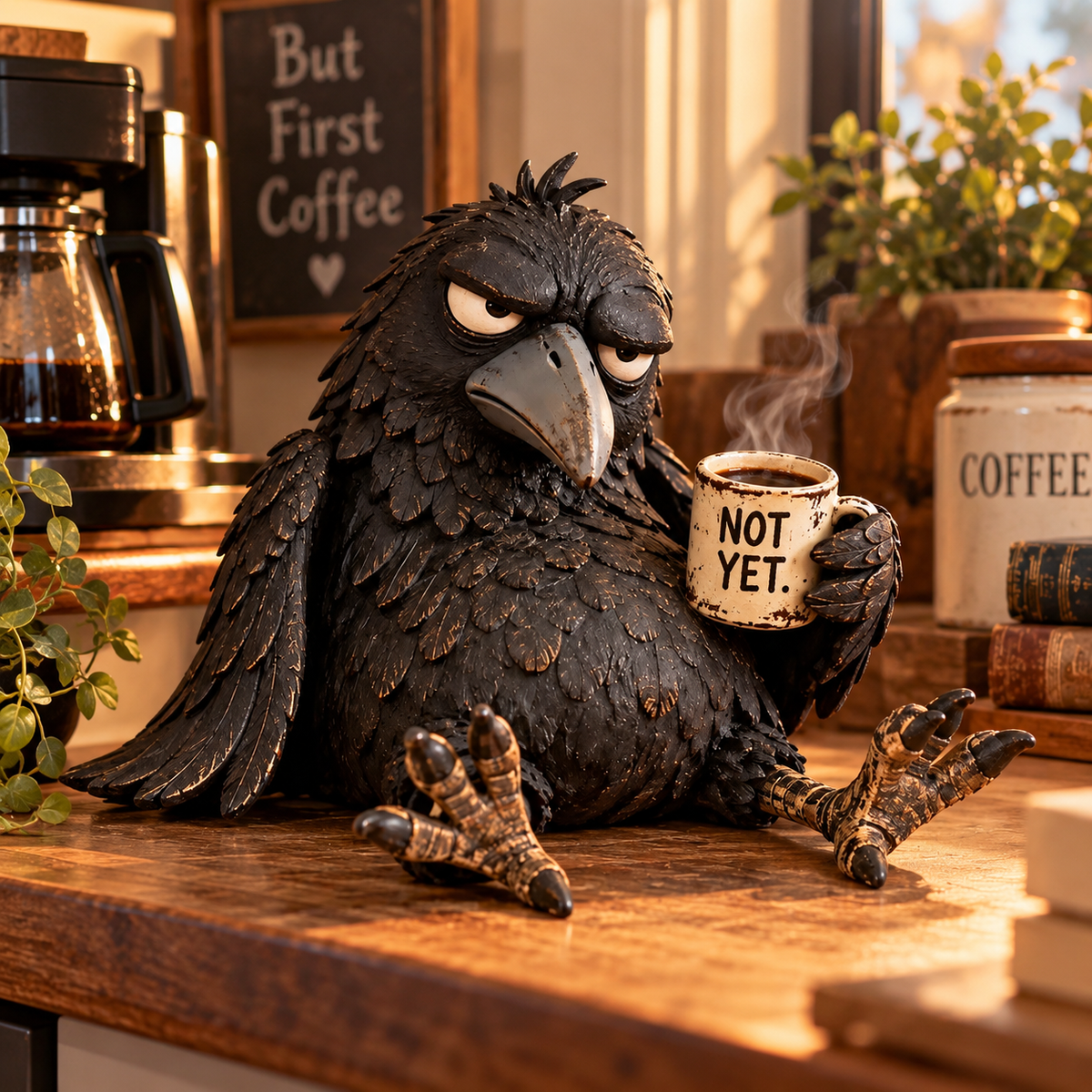 Statuetta del corvo Grumpy Coffee – “Non ancora” – Decorazione divertente per la mattin