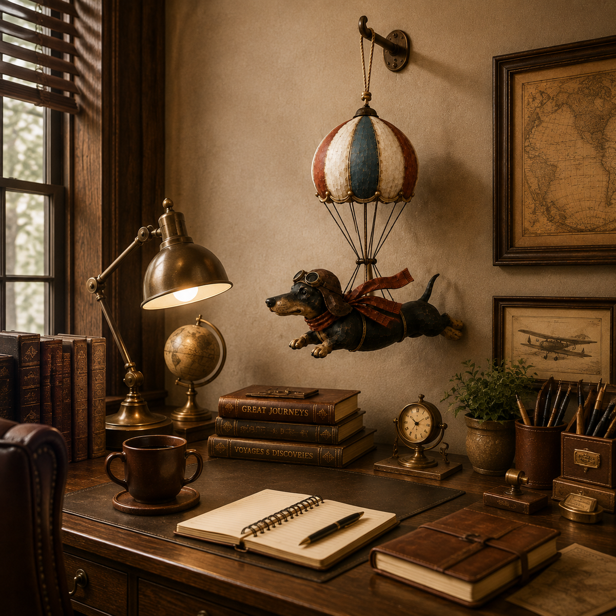 Decorazione vintage con bassotto volante su mongolfier
