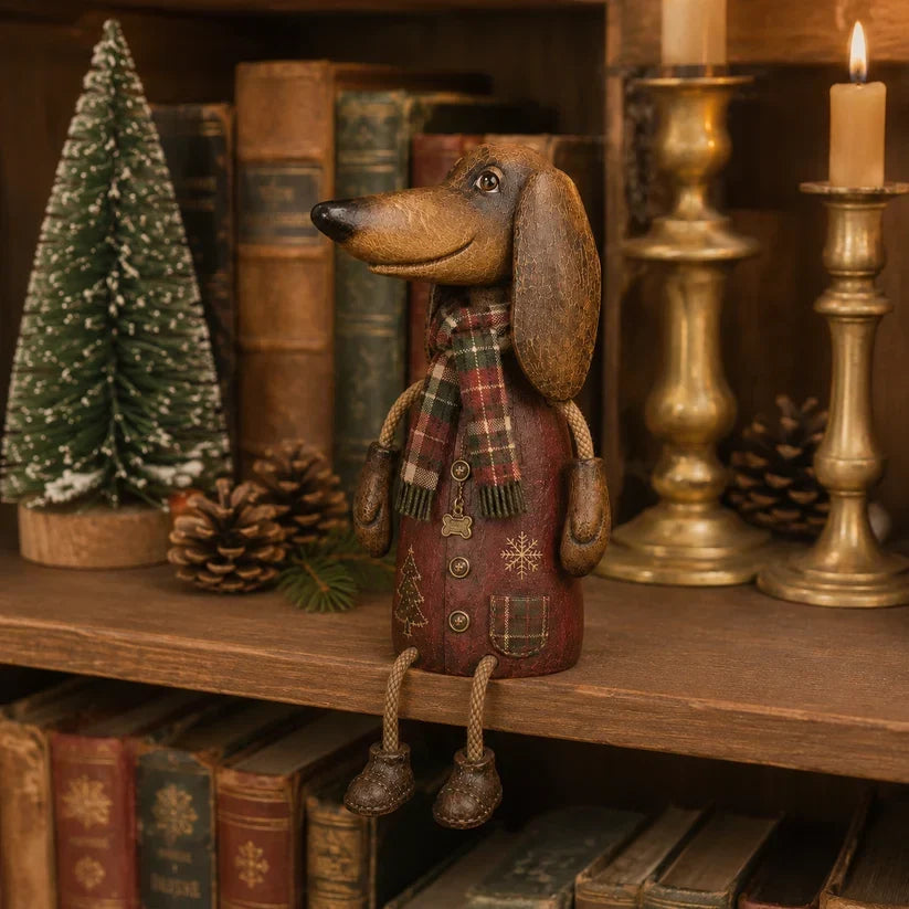 🎄 Figurina vintage da mensola a forma di bassotto natalizio | Decorazione festiva a forma di can