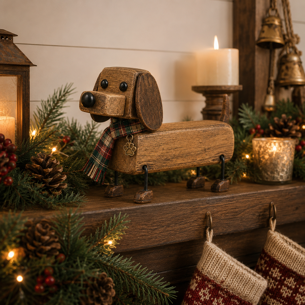 ✨Statuetta rustica in legno di un bassotto natalizi