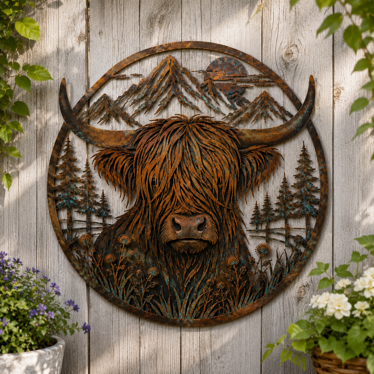 🐂Quadro da parete in metallo con scena di montagna e mucca delle Highlands