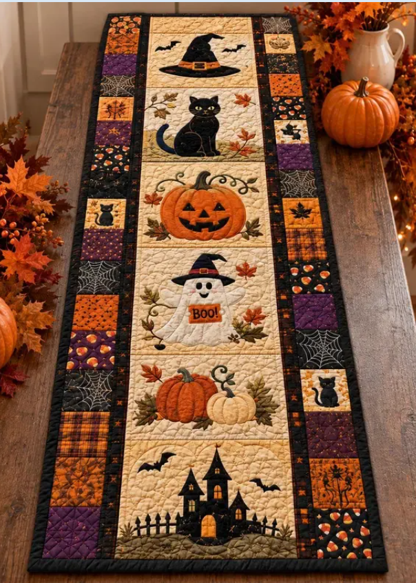 🎃 Runner da tavola trapuntato per Halloween – Una decorazione autunnale accogliente in pochi second