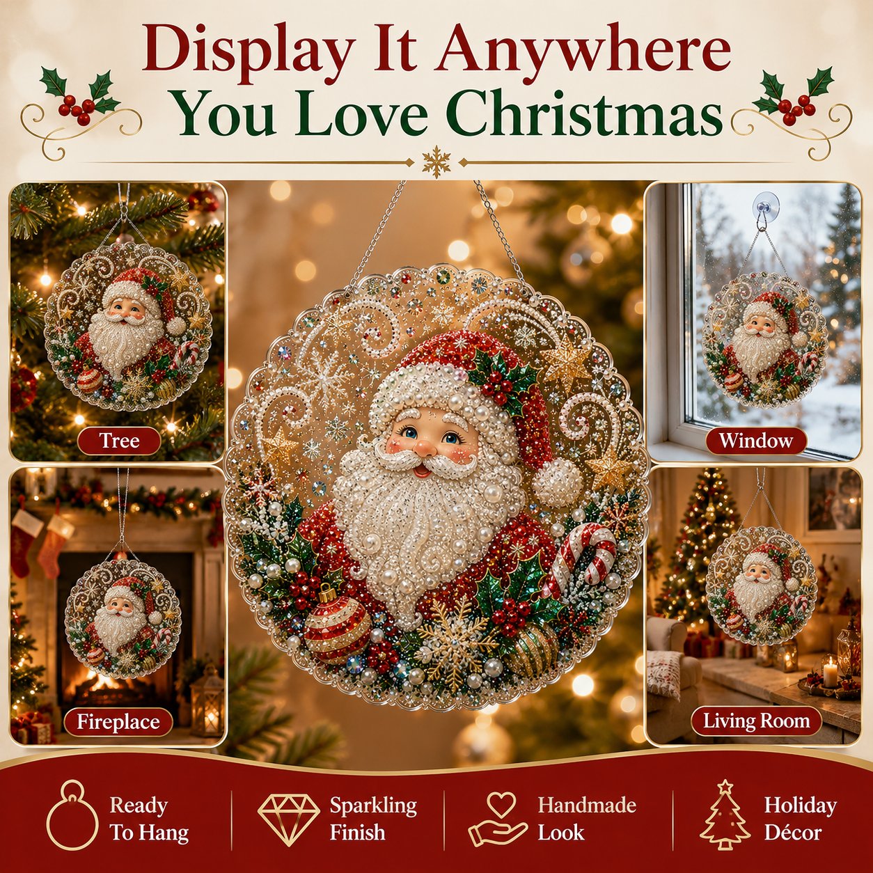 🎄Kit per decorazioni natalizie da appendere in stile Diamond Art con perline perlacee | Tela di lusso floccata con perline perlacee resistenti ai graffi e che non sbiadiscono – Decorazioni natalizie fai da te da appendere, realizzate a mano 🎅💎