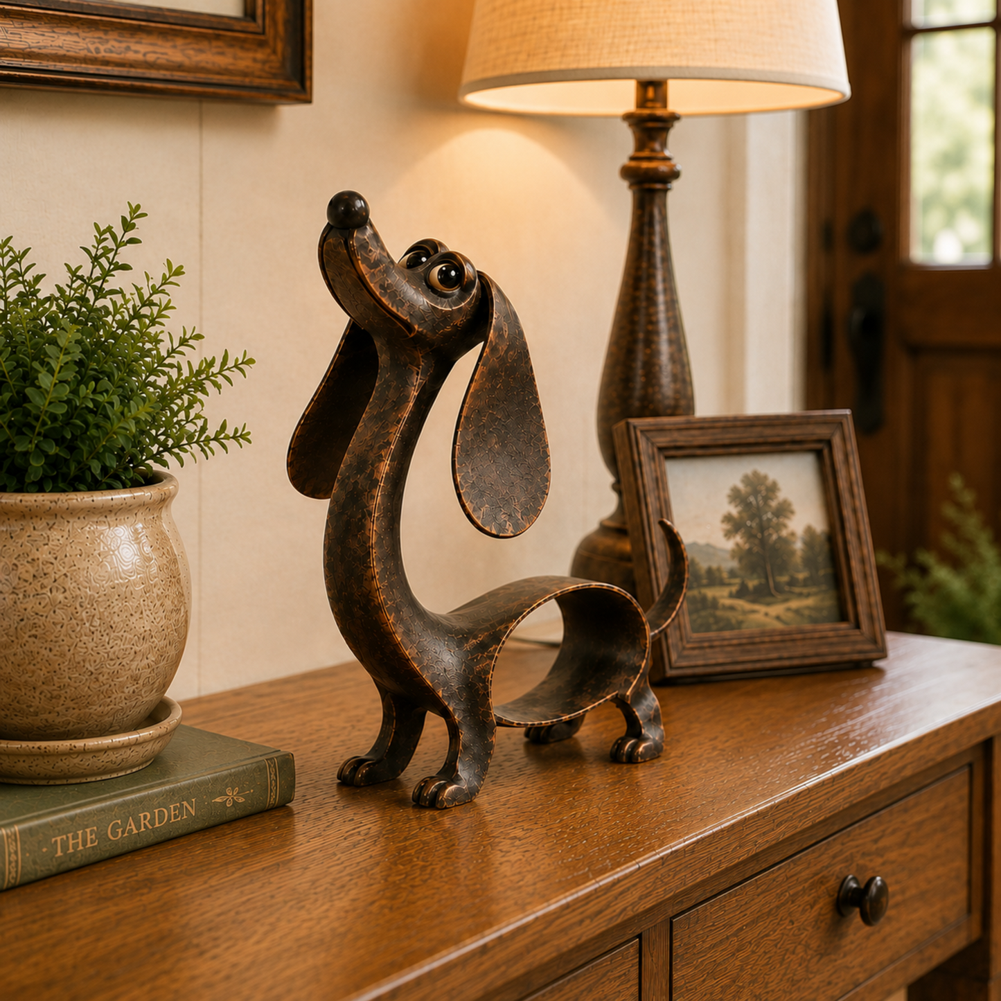 🐶✨ Ciondolo a forma di bassotto in bronzo anticato — Scultura in metallo per la casa e il giardin