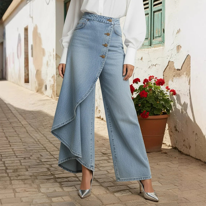 Gonna e pantaloni in denim asimmetrici a portafoglio