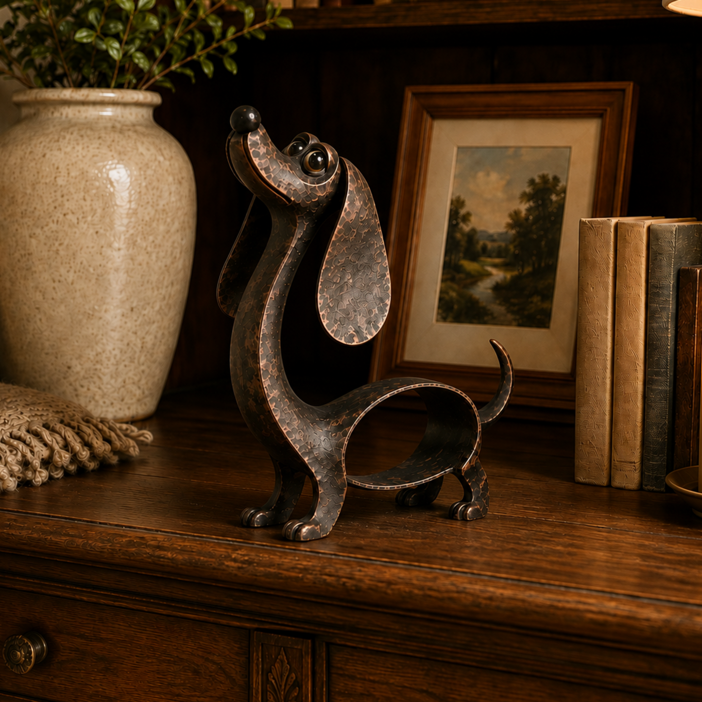🐶✨ Ciondolo a forma di bassotto in bronzo anticato — Scultura in metallo per la casa e il giardin