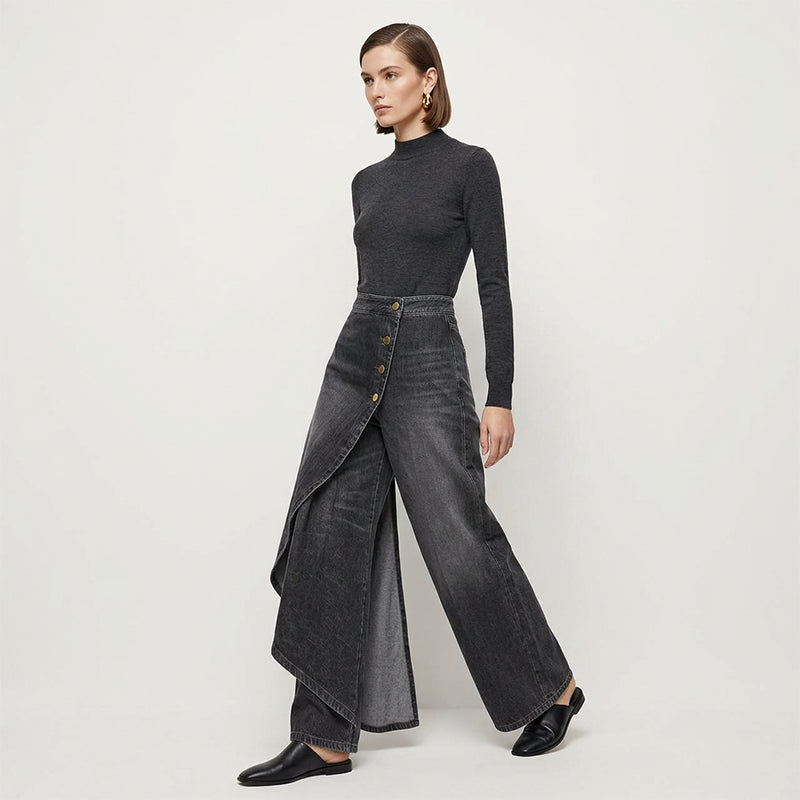 Gonna e pantaloni in denim asimmetrici a portafoglio