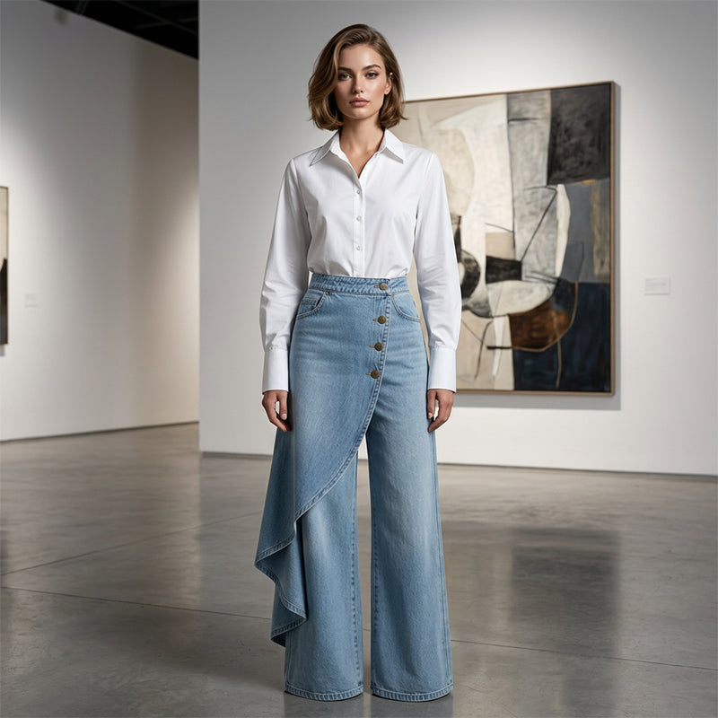 Gonna e pantaloni in denim asimmetrici a portafoglio