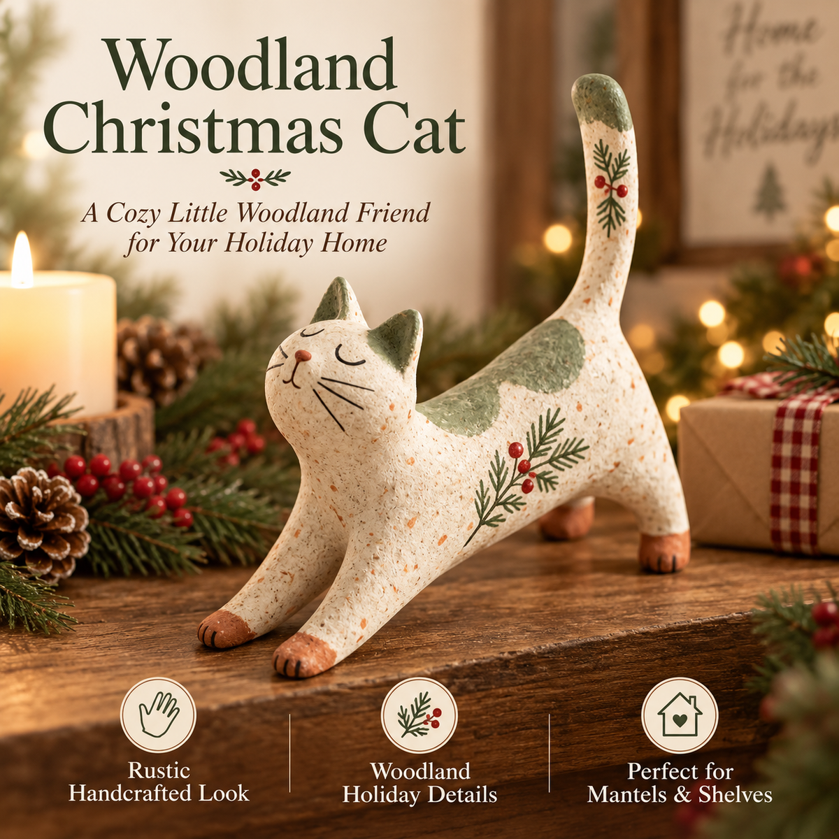 🐈🎄 Statuetta natalizia di gatto woodland--un tocco rustico e accogliente per la casa delle feste