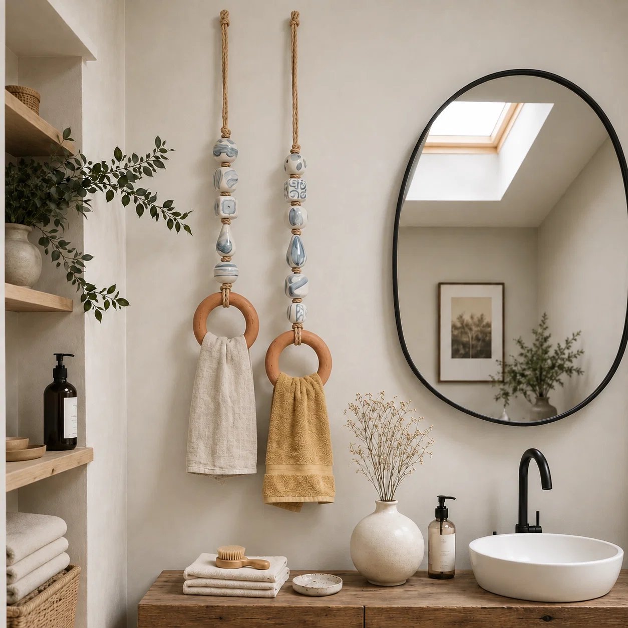 Appendi asciugamani decorativo con perline e anello in legn