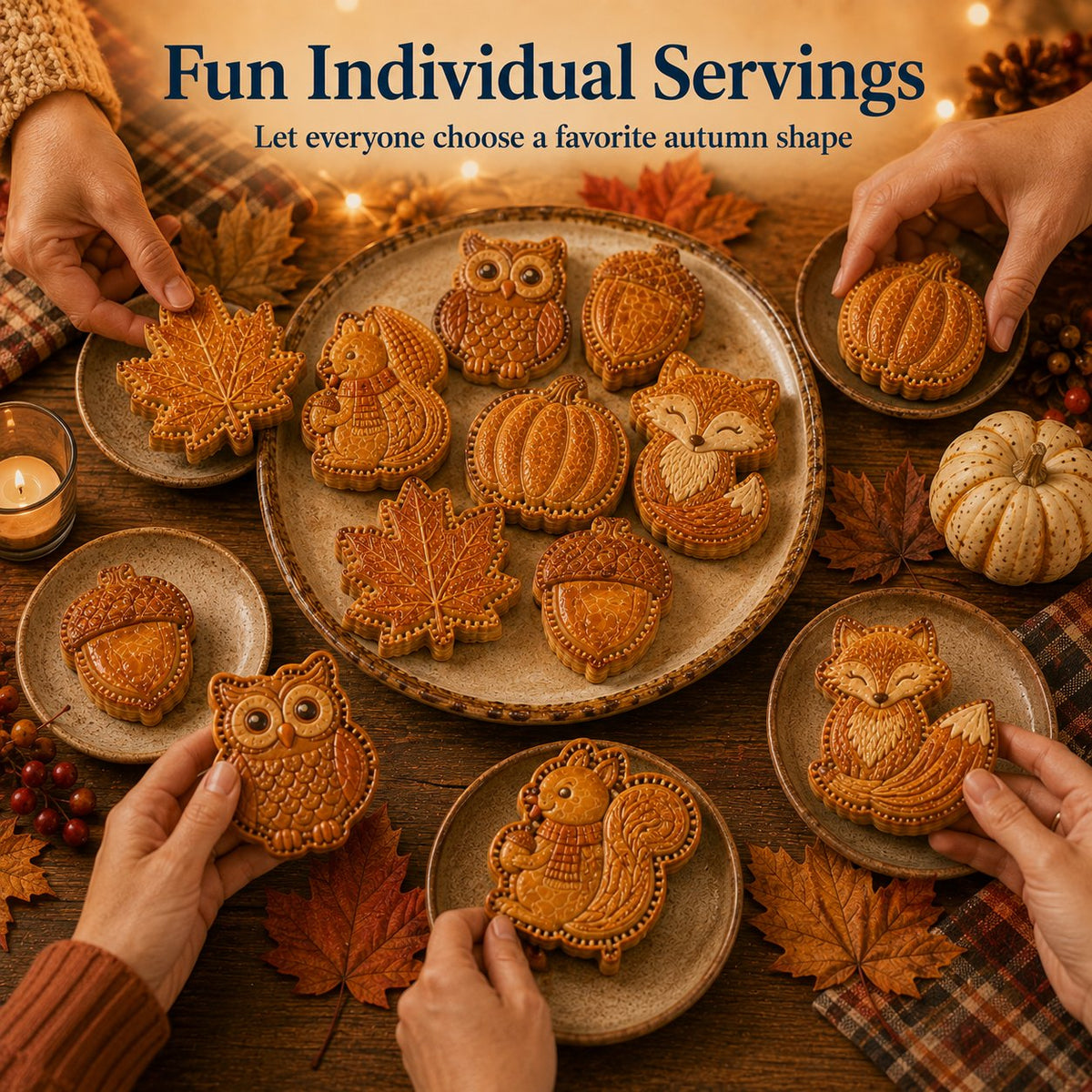 🍂 Collezione di 8 stampi per mini torte autunnali | Stampi riutilizzabili con motivi in rilievo per realizzare forme dettagliate di gufo, volpe, tacchino, zucca, ghianda e altro ancora 🍂✨