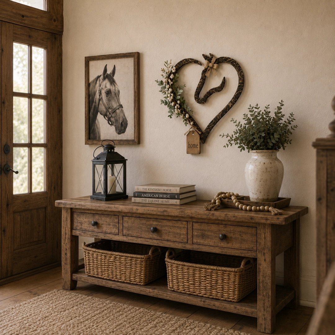 Decorazione da parete rustica a forma di cuore di cavallo con piante verdi – Elemento decorativo in stile country-equestre per la casa