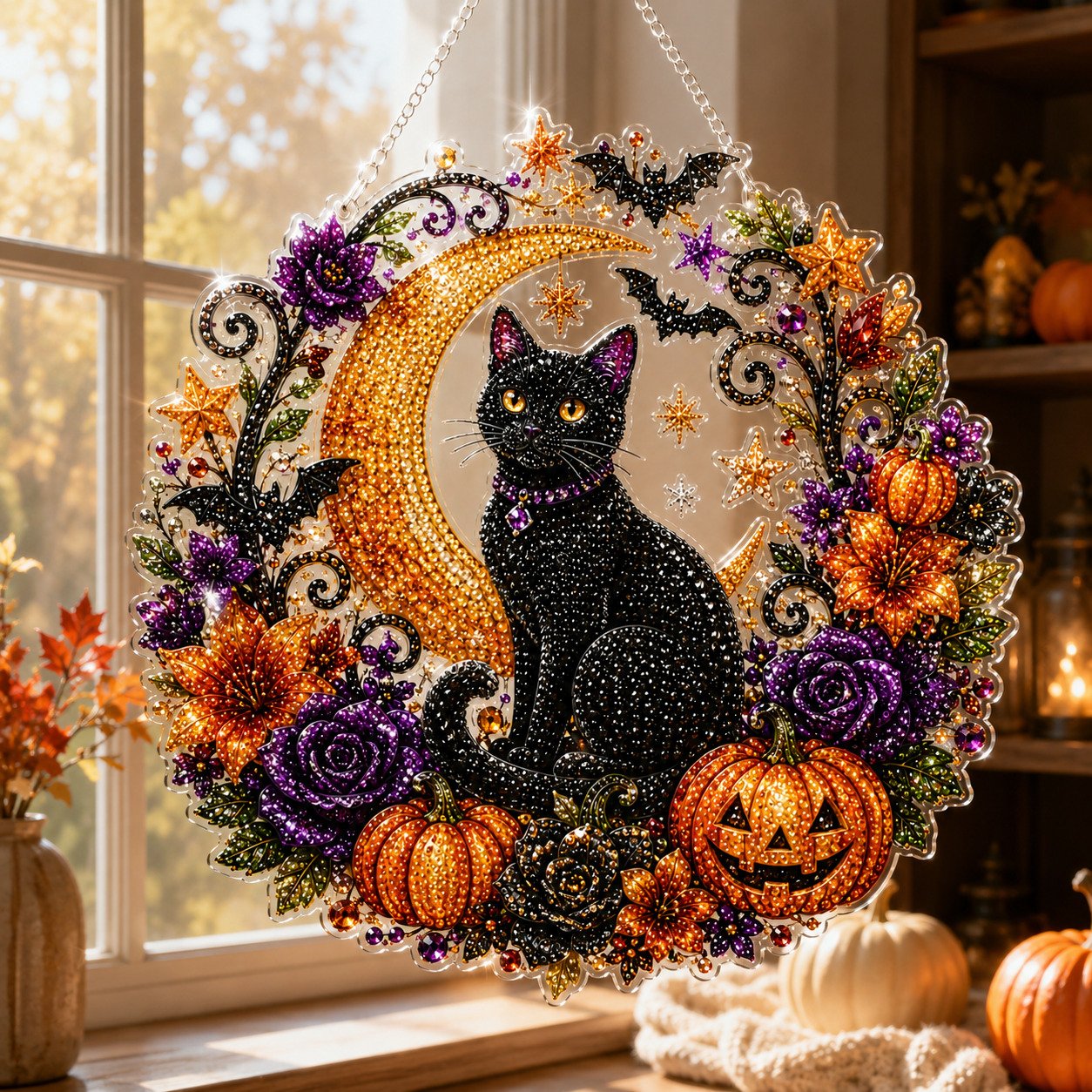 ✨🎃Kit per decorazione da appendere “Diamond Art” con gatto nero e luna di Halloween👻