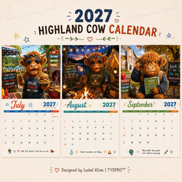 Calendario da parete A4 2027 con immagini divertenti di mucche delle Highlands