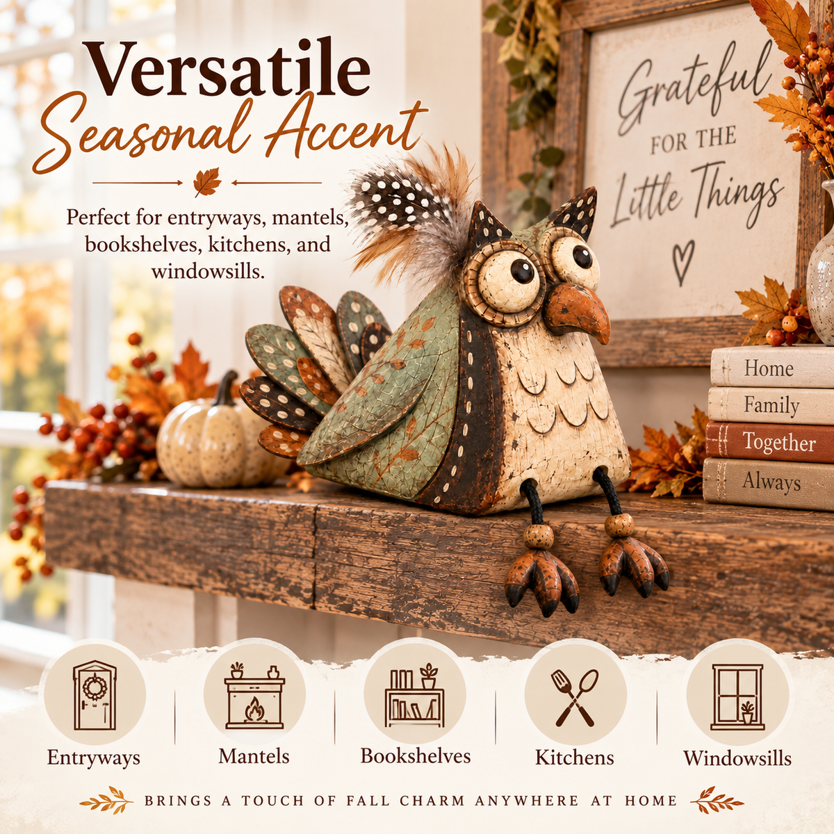 🦉 Decorazione rustica con gufo appollaiato su una tavola e zampe penzolanti — Atmosfera country