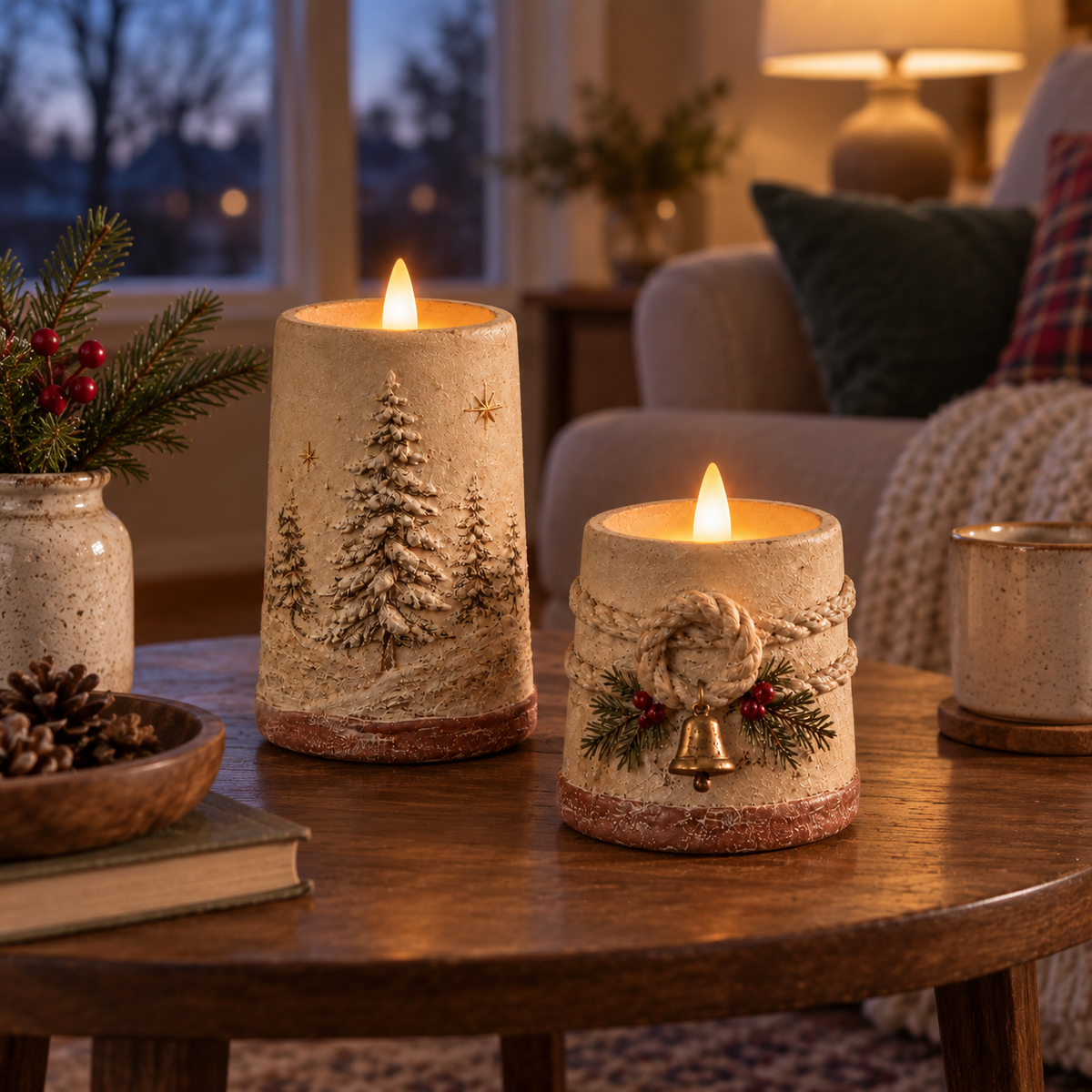 Decorazioni natalizie in stile rustico con candele LED senza fiamm