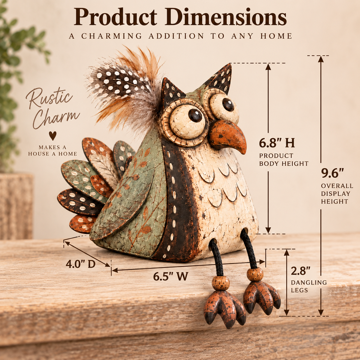 🦉 Decorazione rustica con gufo appollaiato su una tavola e zampe penzolanti — Atmosfera country