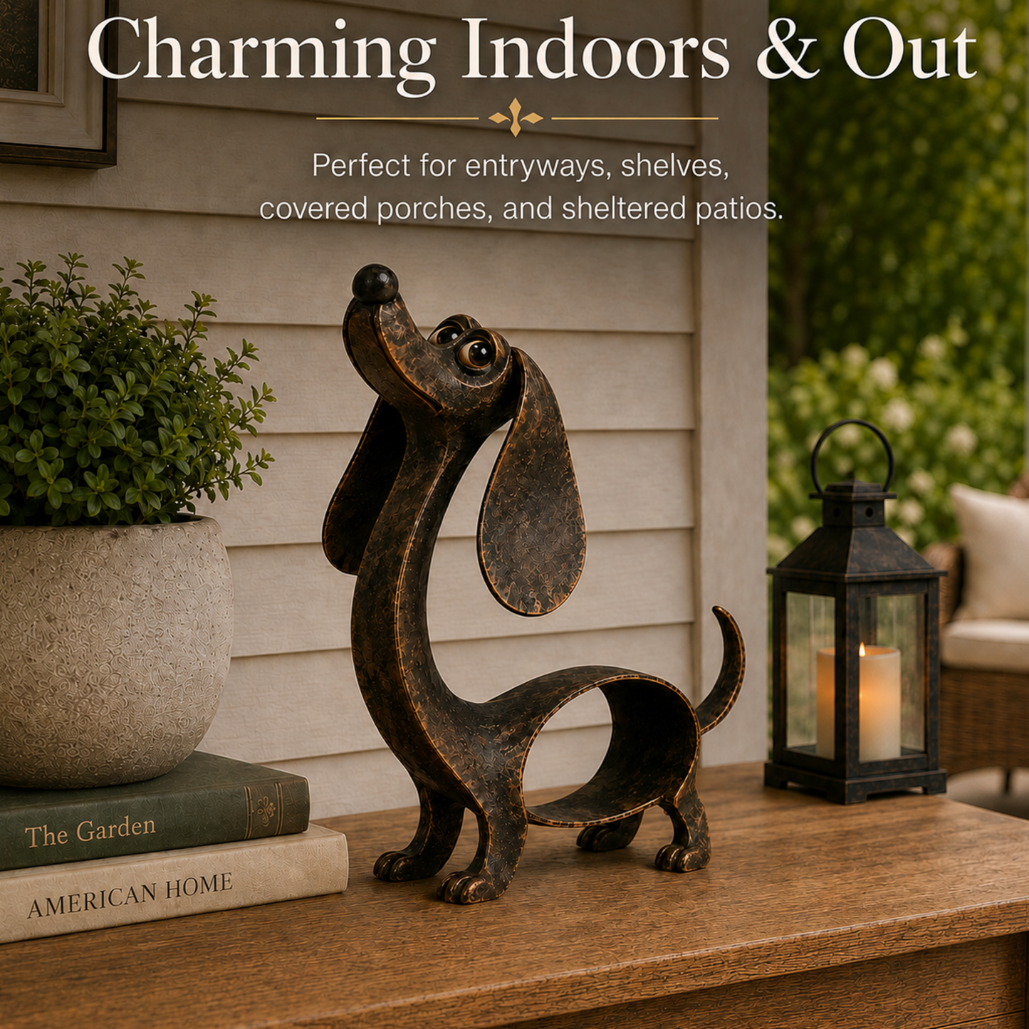 🐶✨ Ciondolo a forma di bassotto in bronzo anticato — Scultura in metallo per la casa e il giardin