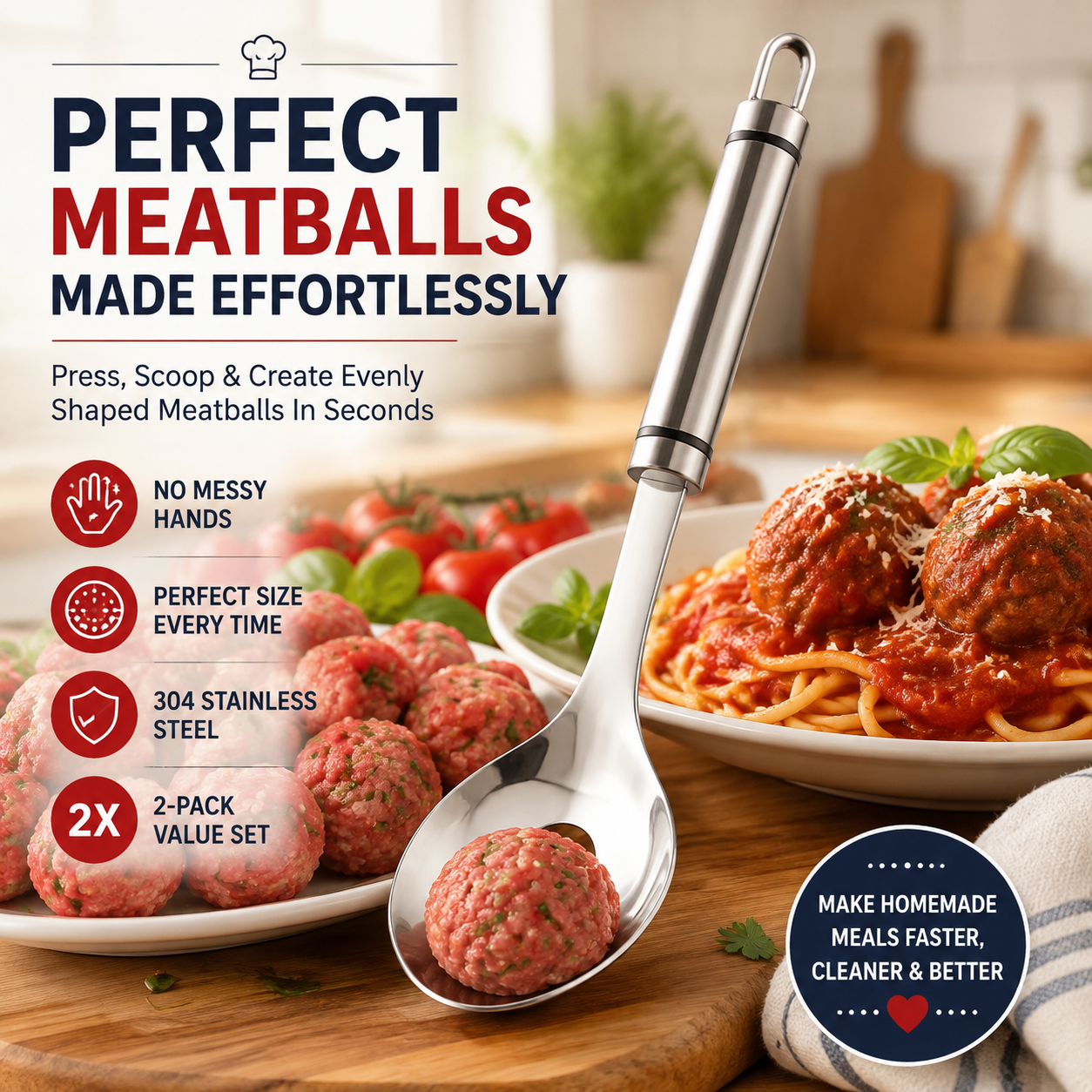 🍝🥄Cucchiaio per polpette in acciaio inossidabile – Prepara polpette perfette senza sporcarti le mani