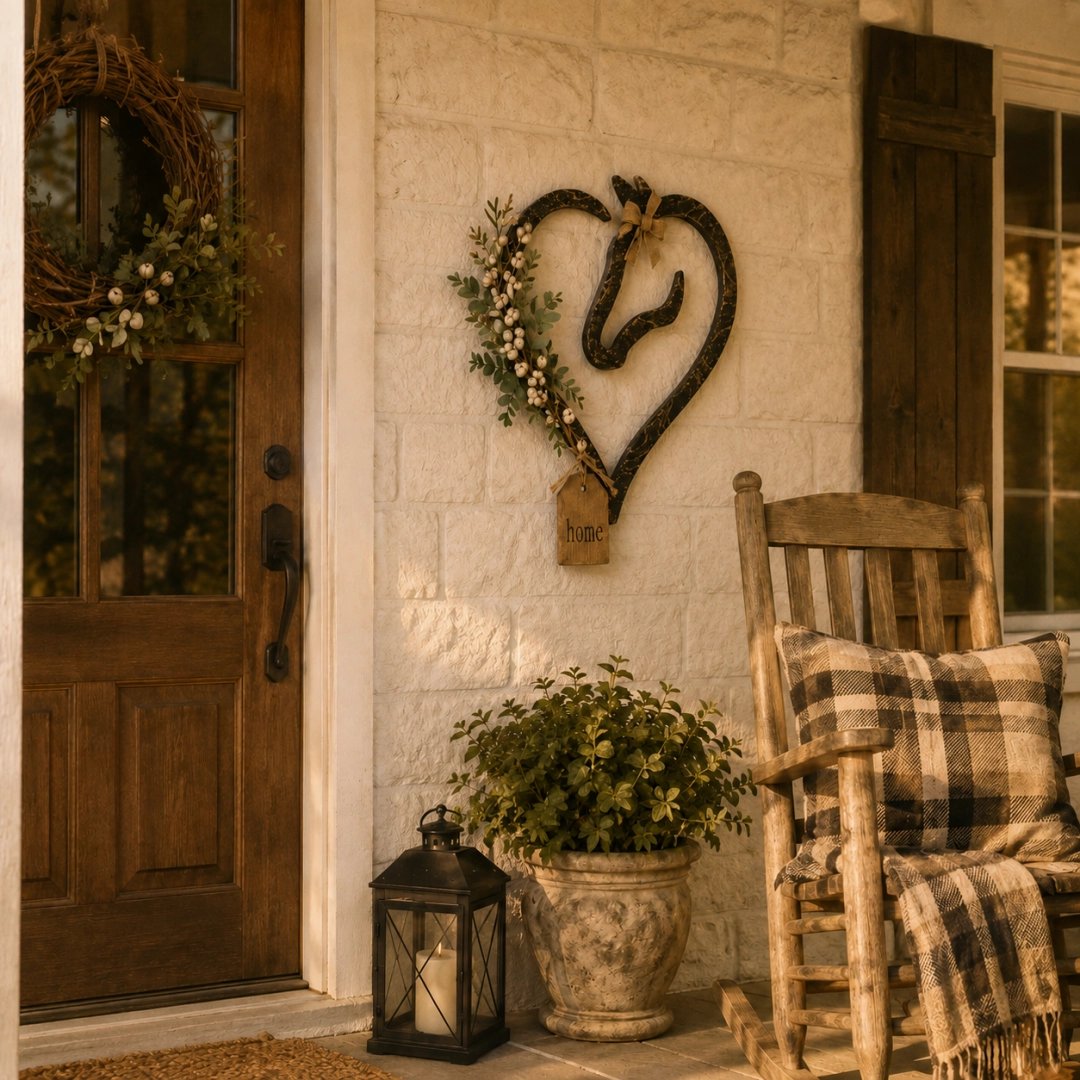 Decorazione da parete rustica a forma di cuore di cavallo con piante verdi – Elemento decorativo in stile country-equestre per la casa