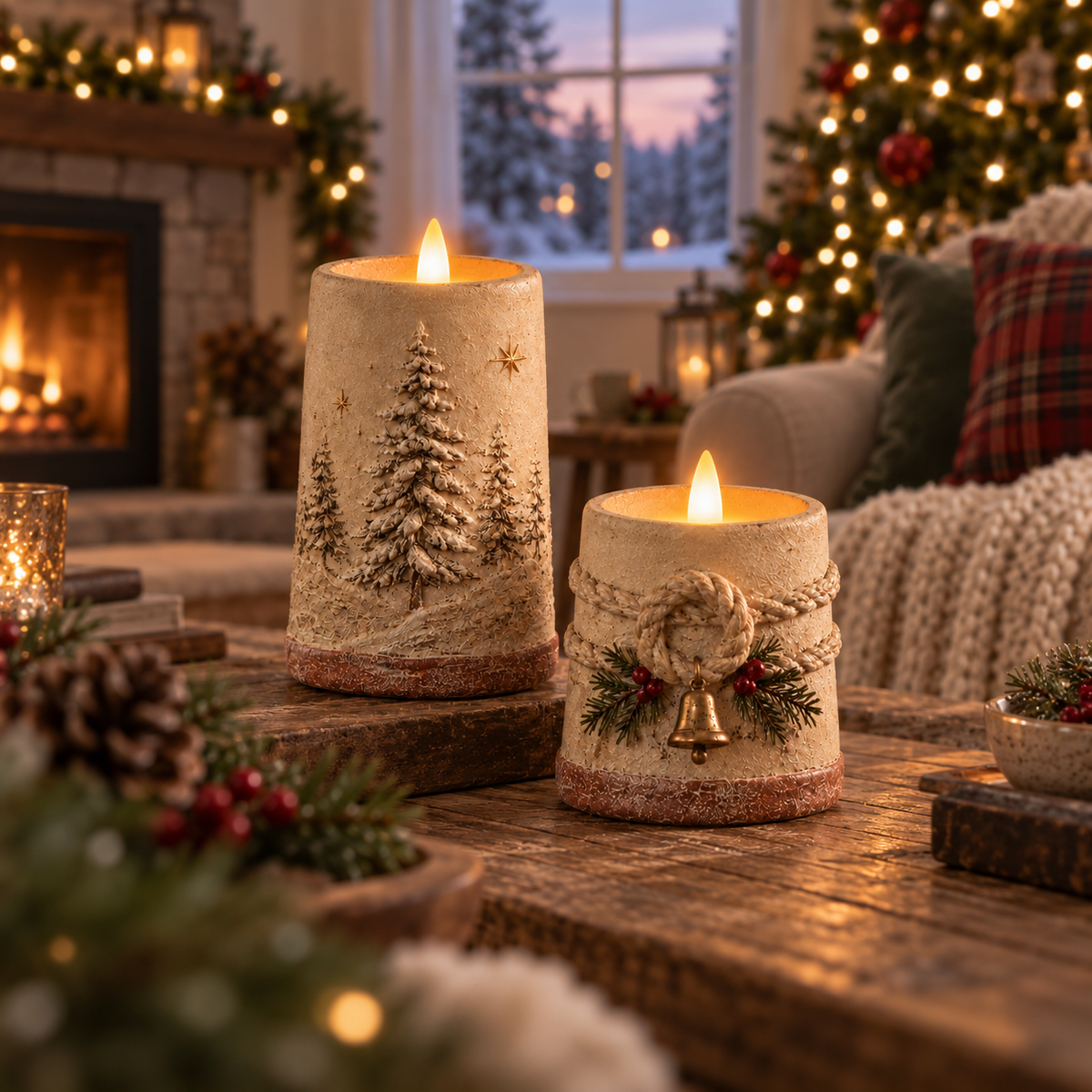 Decorazioni natalizie in stile rustico con candele LED senza fiamm