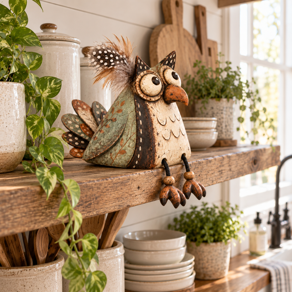 🦉 Decorazione rustica con gufo appollaiato su una tavola e zampe penzolanti — Atmosfera country