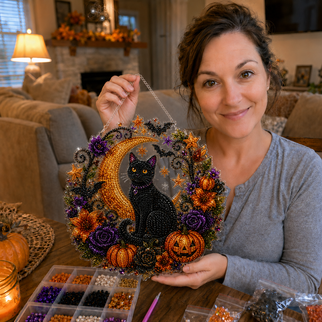 ✨🎃Kit per decorazione da appendere “Diamond Art” con gatto nero e luna di Halloween👻
