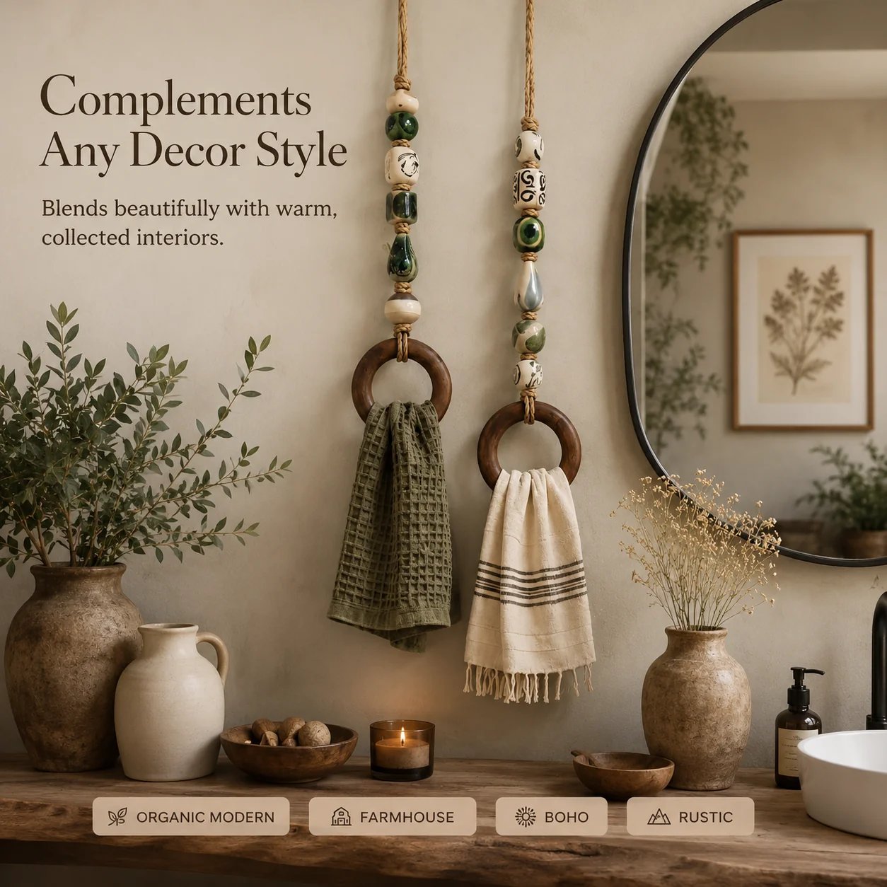 Appendi asciugamani decorativo con perline e anello in legn
