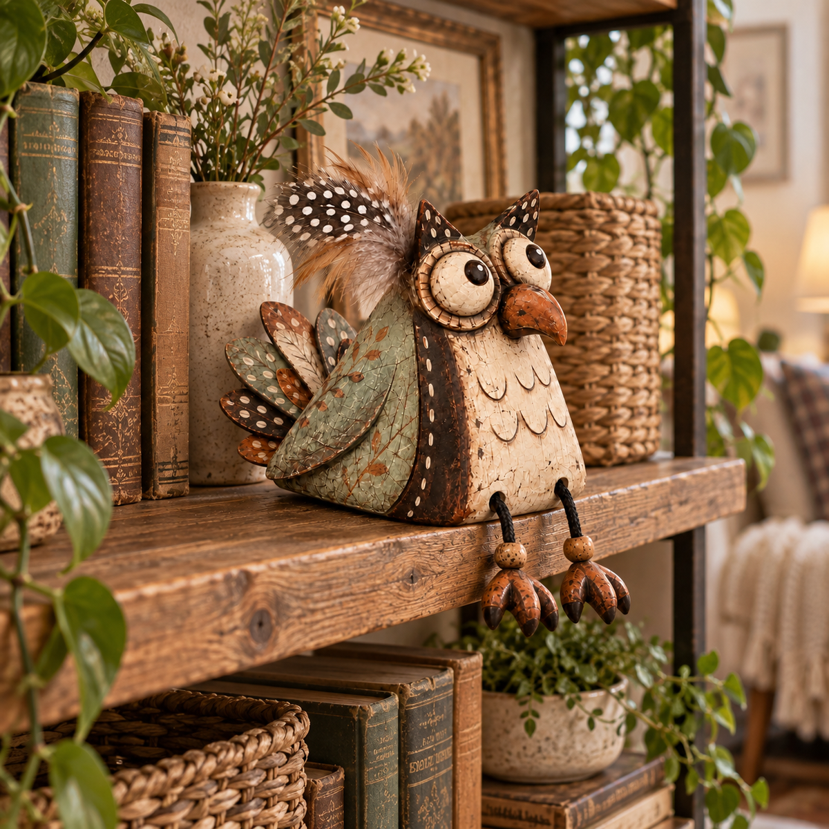 🦉 Decorazione rustica con gufo appollaiato su una tavola e zampe penzolanti — Atmosfera country