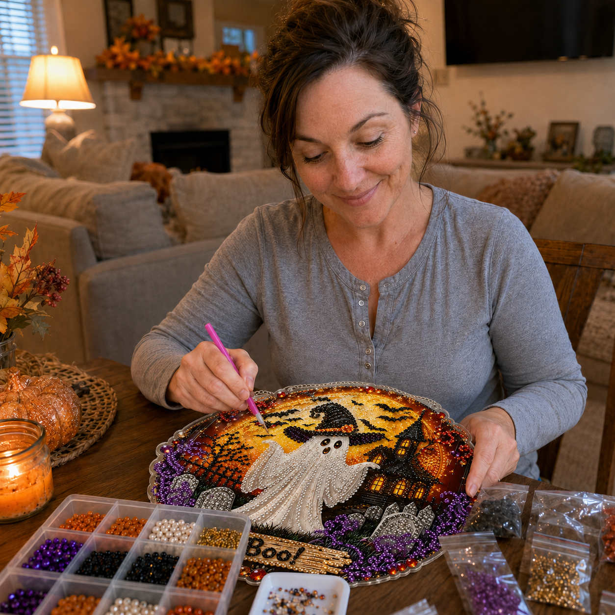 ✨🎃Kit per decorazione da appendere “Diamond Art” con gatto nero e luna di Halloween👻