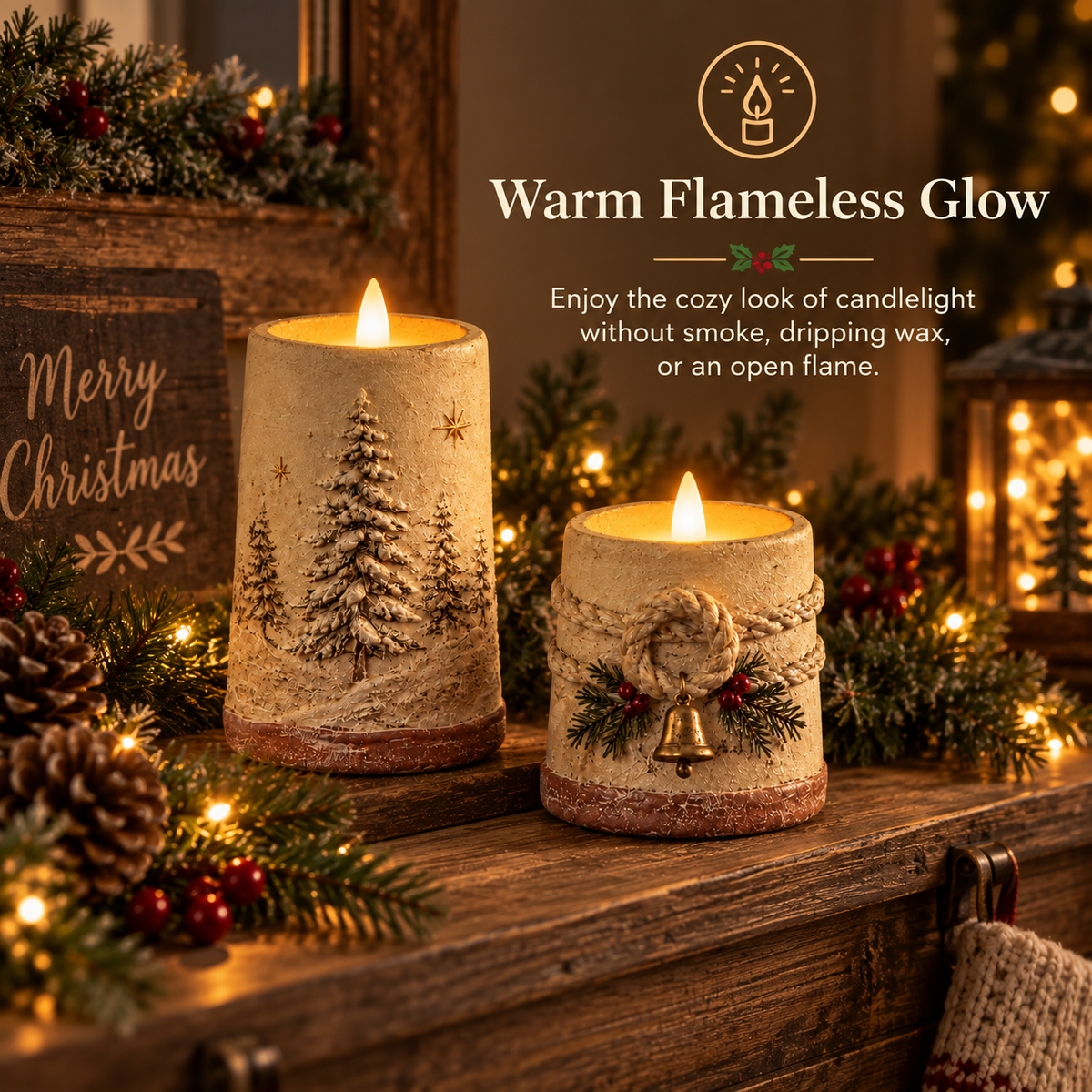 Decorazioni natalizie in stile rustico con candele LED senza fiamm