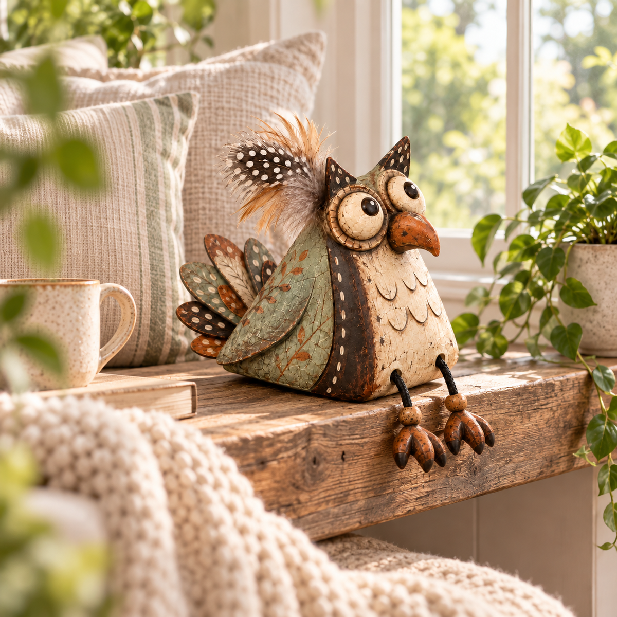 🦉 Decorazione rustica con gufo appollaiato su una tavola e zampe penzolanti — Atmosfera country