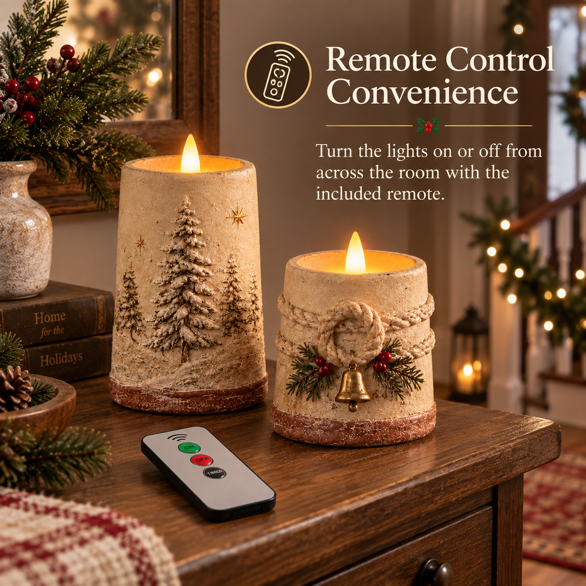 Decorazioni natalizie in stile rustico con candele LED senza fiamm