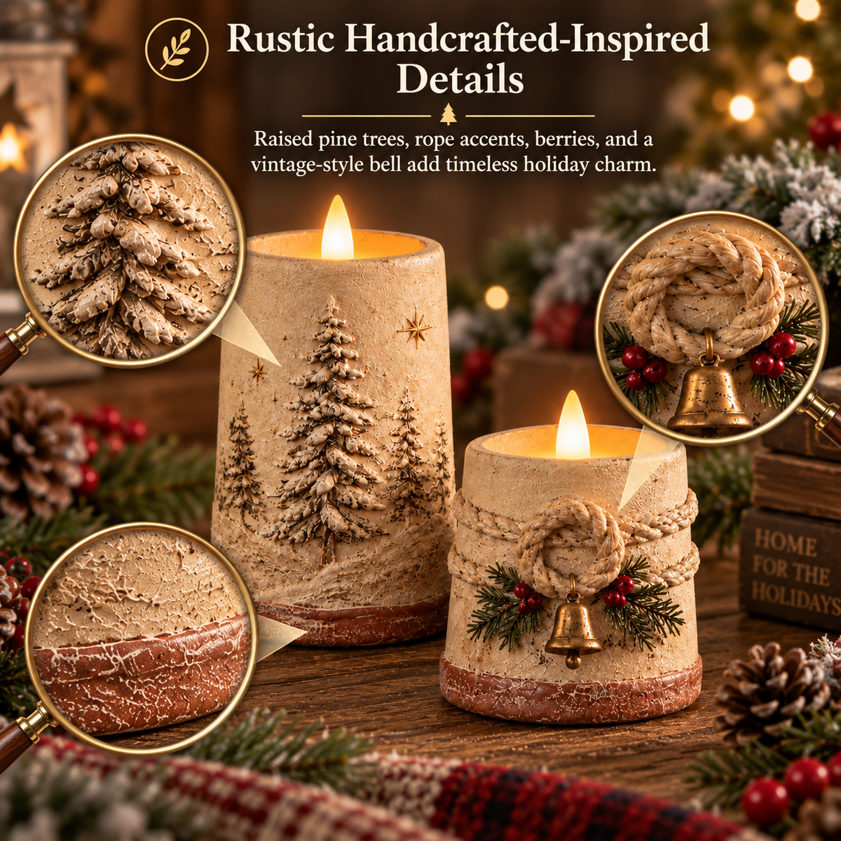 Decorazioni natalizie in stile rustico con candele LED senza fiamm