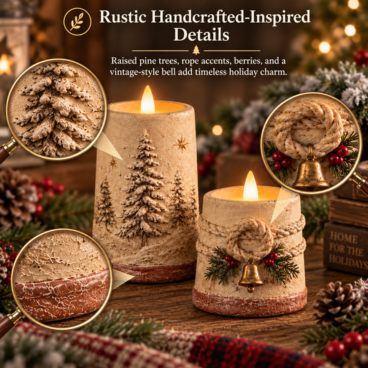 Decorazioni natalizie in stile rustico con candele LED senza fiamm
