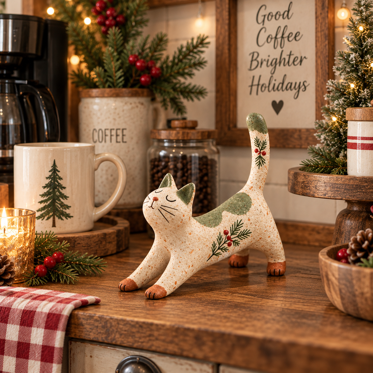 🐈🎄 Statuetta natalizia di gatto woodland--un tocco rustico e accogliente per la casa delle feste