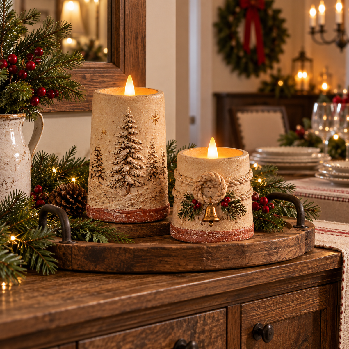 Decorazioni natalizie in stile rustico con candele LED senza fiamm