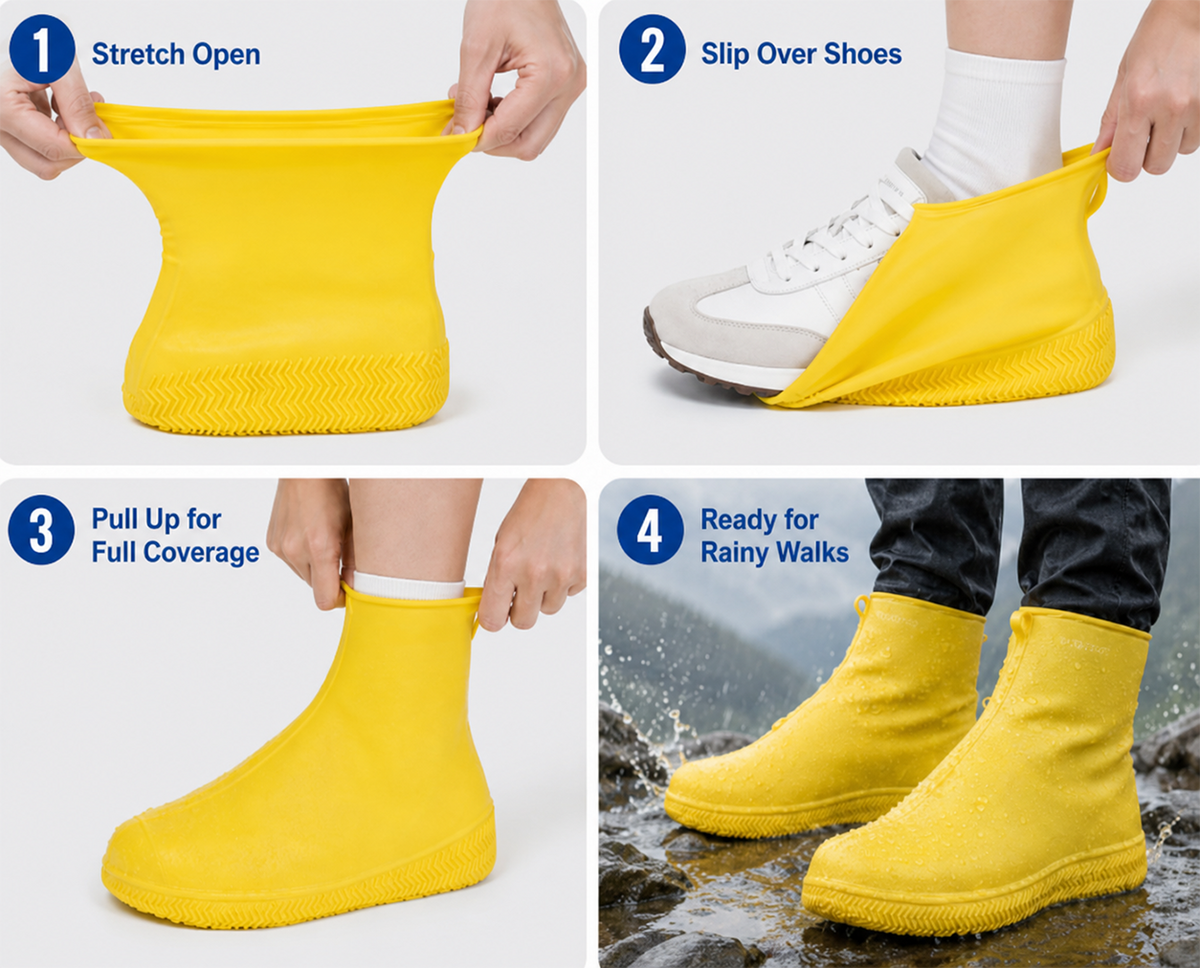Basta con le scarpe da ginnastica bagnate! Coprasole per la pioggia — Antiscivolo e ripiegabili nella borsa 🌧️