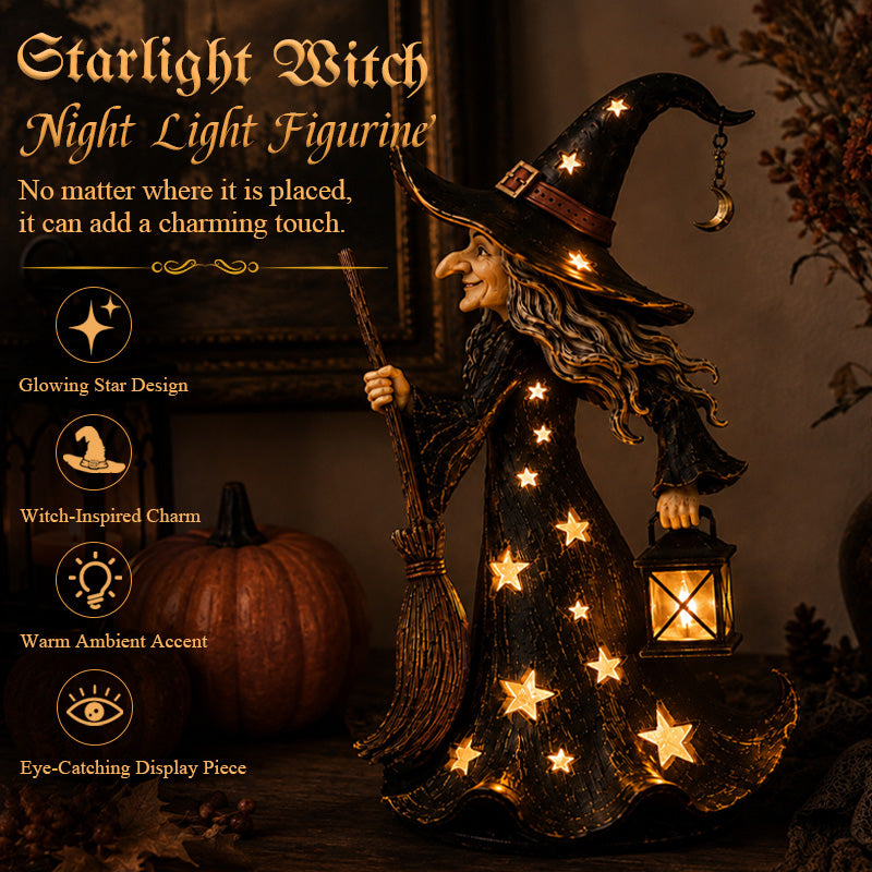 Statuetta Starlight Witch Night Light | Decorazione a forma di strega di Halloween con luci LED cald