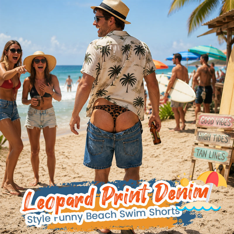Divertenti pantaloncini da bagno in finto denim con stampa leopardata | Pantaloncini da spiaggia fantasiosi con effetto ottic