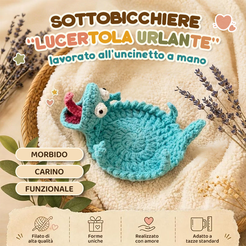Sottobicchiere a forma di lucertola che urla fatto a mano all'uncinetto, un regalo di compleanno o di laurea creativo e divertente