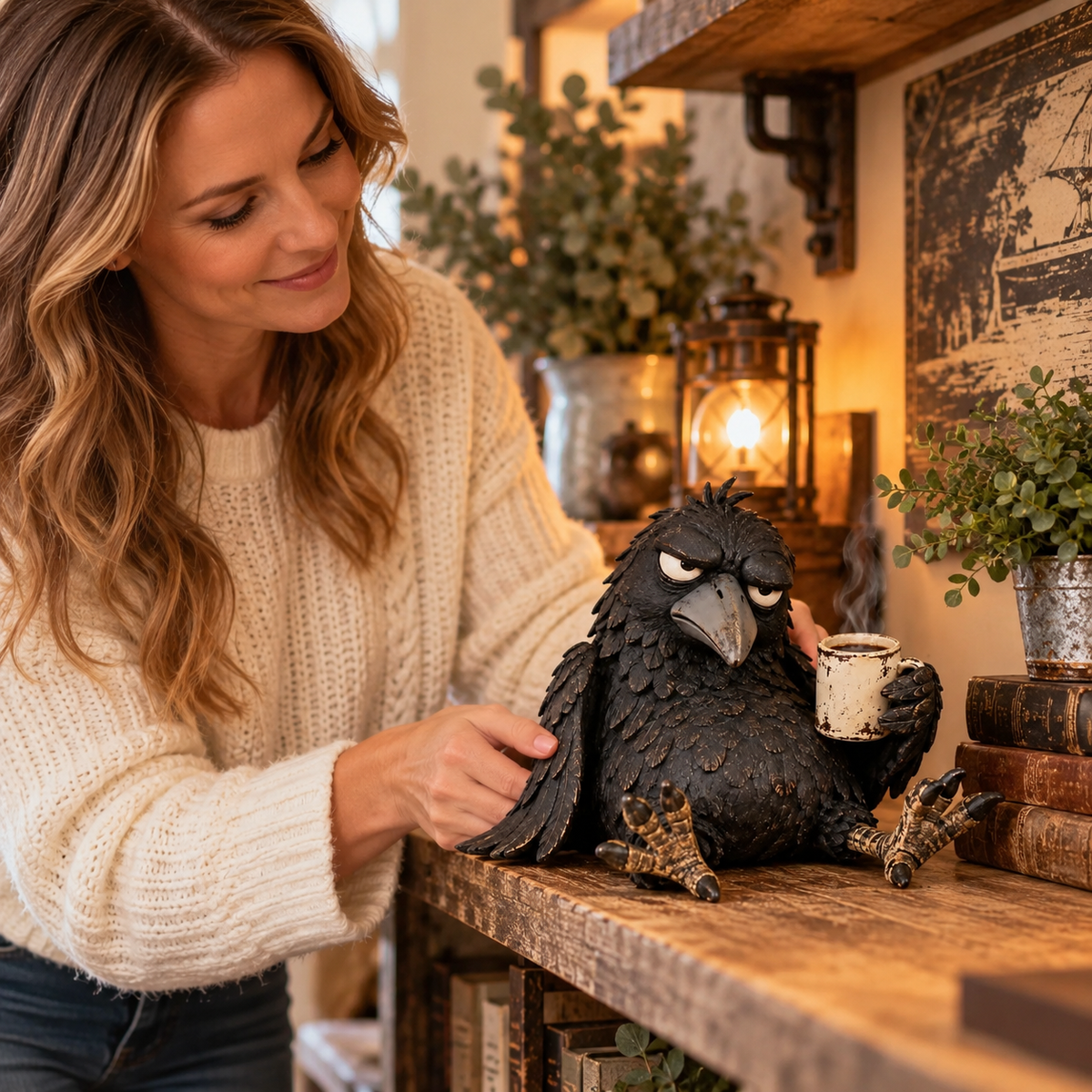 Statuetta del corvo Grumpy Coffee – “Non ancora” – Decorazione divertente per la mattin