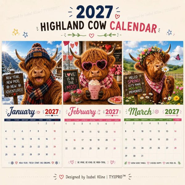 Calendario da parete A4 2027 con immagini divertenti di mucche delle Highlands