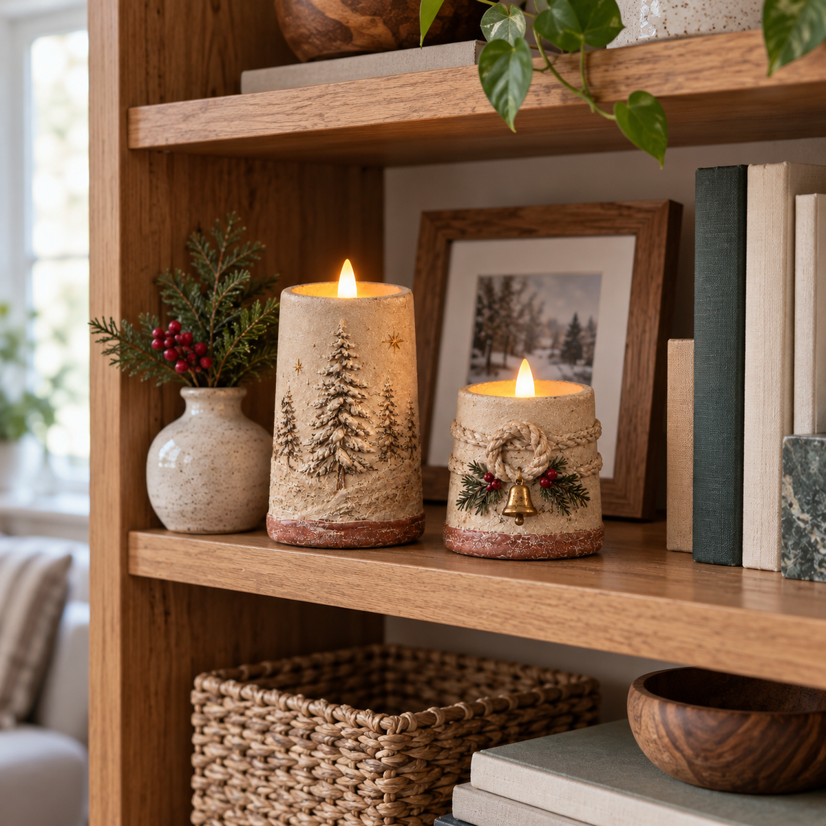 Decorazioni natalizie in stile rustico con candele LED senza fiamm