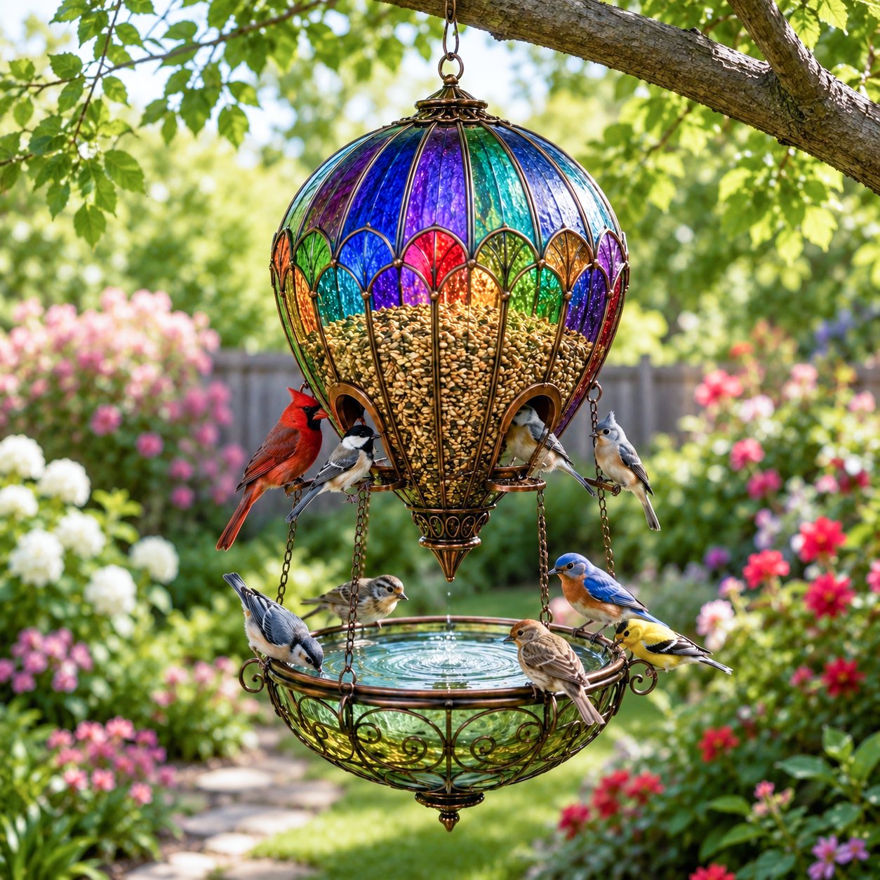 🌈 Fontana a forma di mangiatoia per uccelli con mongolfiera in vetro colorato🐦